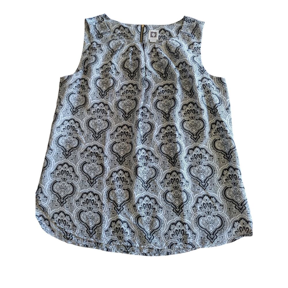 Anne Klein AK women's camisole tank top blouse black white geometric zipper EUC